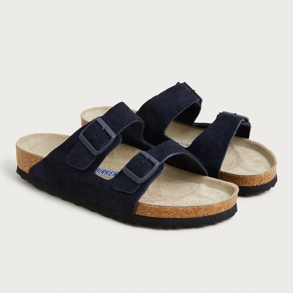 Birkenstock Men’s Arizona Soft Footbed Blue Suede Leather Slide Sandals Size 46